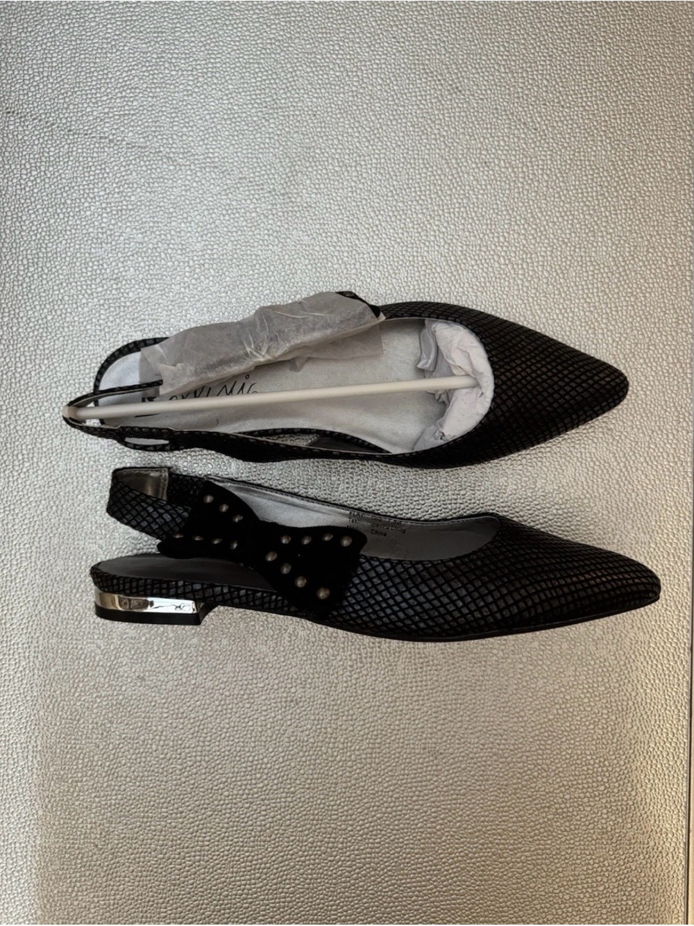 Bellini Black Textured Slingback Pointed-Toe Flats with Stud Bow